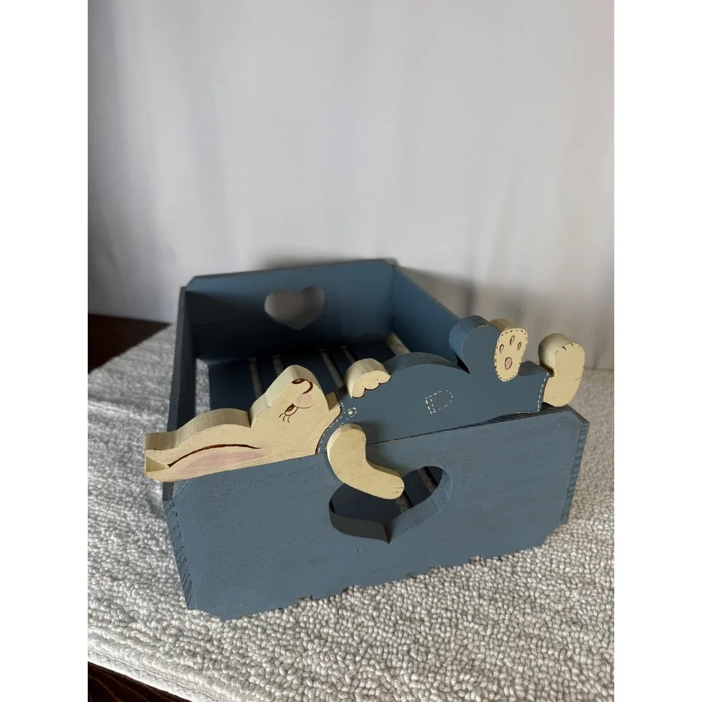 Blue Wooden Crate Heart Cutouts Bunny‎  Rustic Farmhouse Storage Organizer